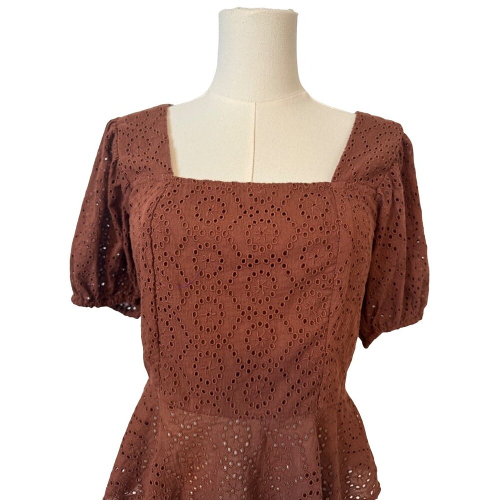 2/$30 NWT Band of the Free S Eyelet Lace Puff Sleeve Peplum Top Chocolate Brown - Picture 5 of 11